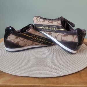 Coach Hillary Signature Jacquard Brown & Tan Logo-Striped Low-Top Sneakers EUC